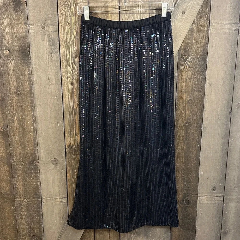 Vintage Black 100% Silk Iridescent Sequin Midi Skirt Holiday Evening Party